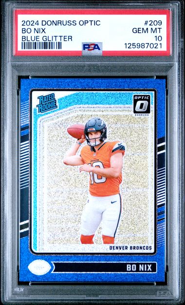 Graded 2024 Panini Donruss Optic Bo Nix #209 Blue Glitter Rookie RC Football Card PSA 10 Gem Mint (ONLINE ORDER ONLY)