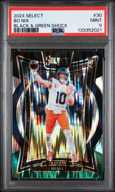 Graded 2024 Panini Select Bo Nix #30 Black & Green Shock Rookie RC Football Card PSA 9 Mint (ONLINE ORDER ONLY)