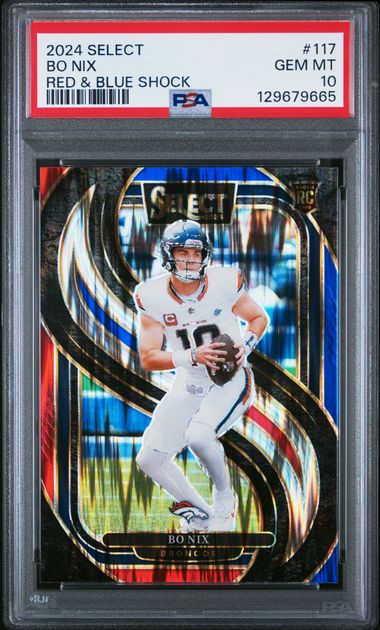 Graded 2024 Panini Select Bo Nix #117 Red & Blue Shock Rookie RC Football Card PSA 10 Gem Mint (ONLINE ORDER ONLY)