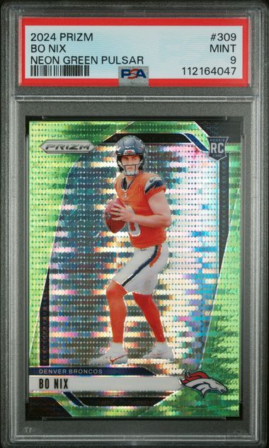 Graded 2024 Panini Prizm Neon Green Pulsar Bo Nix #309 Rookie RC Football Card PSA 9 Mint (ONLINE ORDER ONLY)