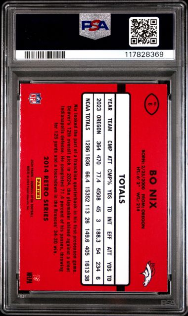 Graded 2024 Donruss Optic Bo Nix #6 2014 Retro Series Rookie RC Football Card PSA 10 Gem Mint (ONLINE ORDER ONLY)