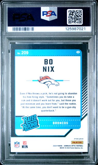 Graded 2024 Panini Donruss Optic Bo Nix #209 Blue Glitter Rookie RC Football Card PSA 10 Gem Mint (ONLINE ORDER ONLY)