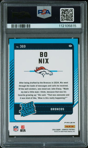 Graded 2024 Donruss Bo Nix #369 Optic Preview Pink Rookie RC Football Card PSA 10 Gem Mint (ONLINE ORDER ONLY)