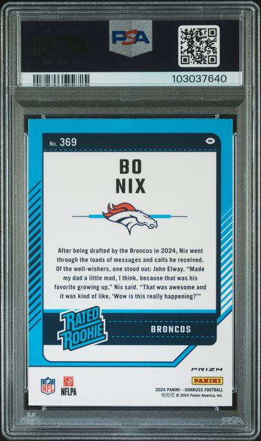 Graded 2024 Panini Donruss Bo Nix #369 Optic Preview Red & Green Rookie RC Football Card PSA 10 Gem Mint (ONLINE ORDER ONLY)
