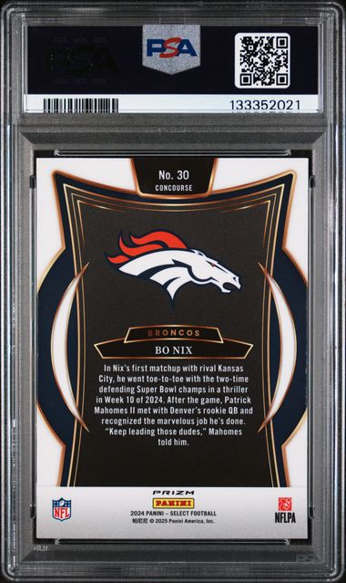 Graded 2024 Panini Select Bo Nix #30 Black & Green Shock Rookie RC Football Card PSA 9 Mint (ONLINE ORDER ONLY)