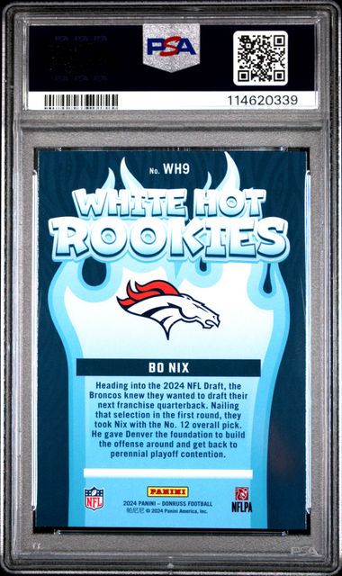 Graded 2024 Panini Donruss Bo Nix #WH9 White Hot Rookies Rookie RC Football Card PSA 10 Gem Mint (ONLINE ORDER ONLY)
