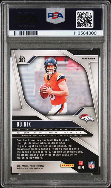 Graded 2024 Panini Prizm Bo Nix #309 Green Wave Rookie RC Football Card PSA 10 Gem Mint (ONLINE ORDER ONLY)