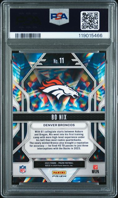 Graded 2024 Panini Prizm Bo Nix #11 Prizmatic Green Prizm Rookie RC Football Card PSA 10 Gem Mint (ONLINE ORDER ONLY)