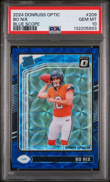 Graded 2024 Panini Donruss Optic Bo Nix #209 Blue Scope Rookie RC Football Card PSA 10 Gem Mint (ONLINE ORDER ONLY)