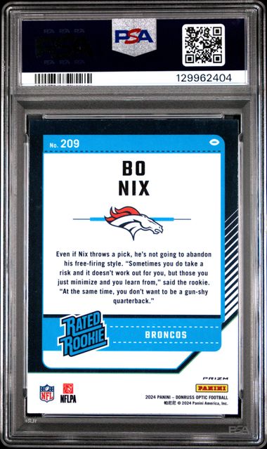 Graded 2024 Panini Donruss Optic Bo Nix #209 Stars Rookie RC Football Card PSA 10 Gem Mint (ONLINE ORDER ONLY)