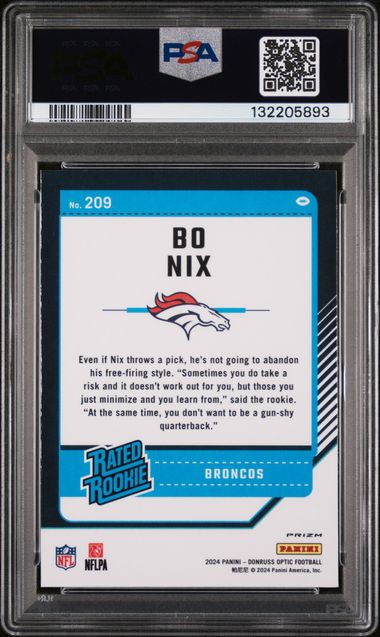 Graded 2024 Panini Donruss Optic Bo Nix #209 Blue Scope Rookie RC Football Card PSA 10 Gem Mint (ONLINE ORDER ONLY)