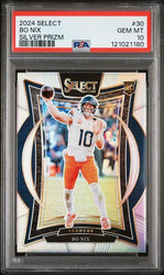 Graded 2024 Panini Select Bo Nix #30 Silver Prizm Rookie RC Football Card PSA 10 Gem Mint (ONLINE ORDER ONLY)