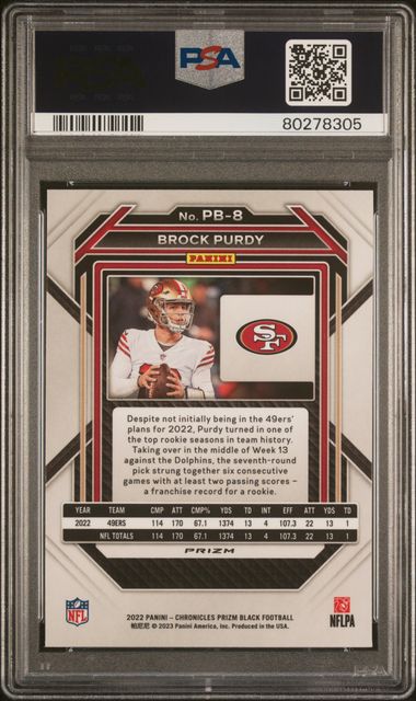 Graded 2022 Panini Chronicles Brock Purdy #PB8 Prizm Black Silver Rookie RC Football Card PSA 10 Gem Mint (ONLINE ORDER ONLY)