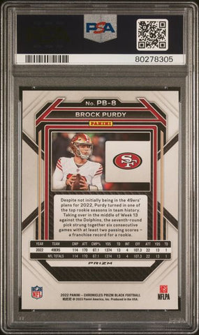 Graded 2022 Panini Chronicles Brock Purdy #PB8 Prizm Black Silver Rookie RC Football Card PSA 10 Gem Mint (ONLINE ORDER ONLY)