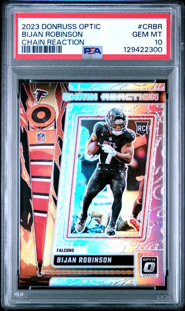 Graded 2023 Panini Donruss Optic Bijan Robinson #CRBR Chain Reaction Rookie RC Football Card PSA 10 Gem Mint (ONLINE ORDER ONLY)