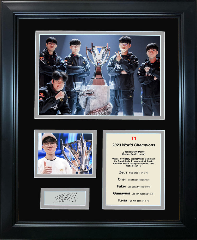 Framed T1 League of Legends 2023 World Champions - Faker Facsimile Laser Engraved Signature Auto 11"x14" Photo Sig Collage (ONLINE ORDER ONLY)