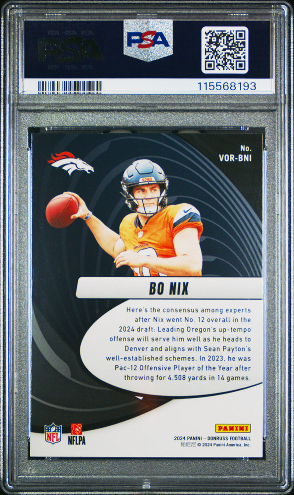 Graded 2024 Panini Donruss Bo Nix #VORBNI Vortex Rookie RC Football Card PSA 10 Gem Mint (ONLINE ORDER ONLY)