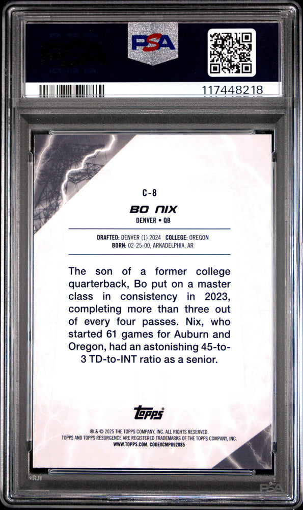 Graded 2024 Topps Resurgence Bo Nix #C8 Conductors Rookie RC Football Card PSA 10 Gem Mint (ONLINE ORDER ONLY)