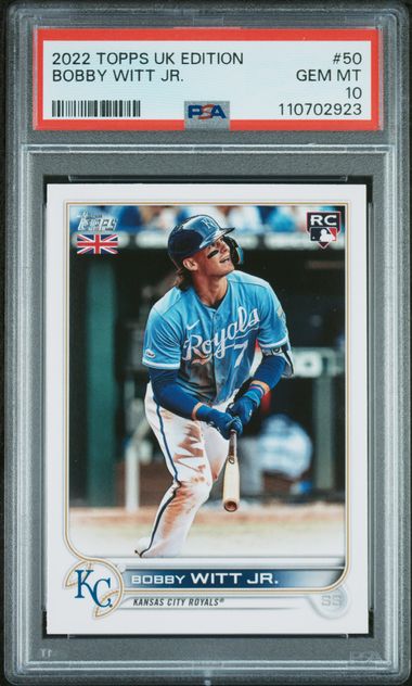 Graded 2022 Topps UK Edition Bobby Witt Jr. #50 Rookie RC Baseball Card PSA 10 Gem Mint (ONLINE ORDER ONLY)