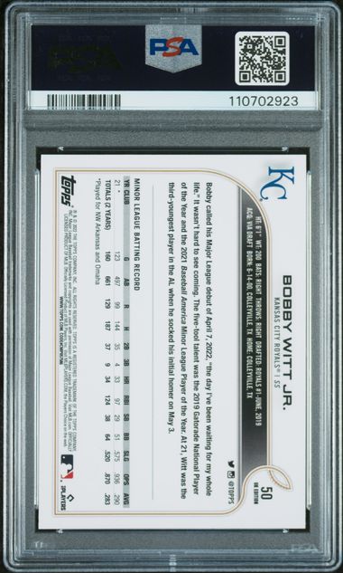 Graded 2022 Topps UK Edition Bobby Witt Jr. #50 Rookie RC Baseball Card PSA 10 Gem Mint (ONLINE ORDER ONLY)