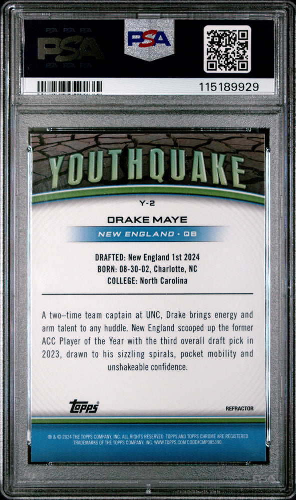 Graded 2024 Topps Chrome Drake Maye #Y2 Youthquake Refractor Rookie RC Football Card PSA 10 Gem Mint (ONLINE ORDER ONLY)