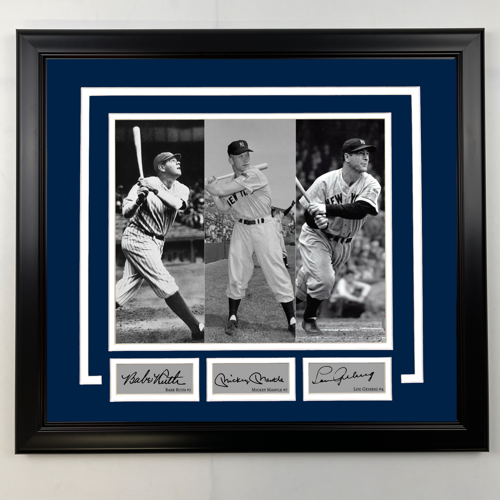 Framed Babe Ruth, Mickey Mantle & Lou Gehrig Facsimile Laser Engraved Signatures New York Yankees 19x21 Baseball Photo (ONLINE ORDER ONLY)