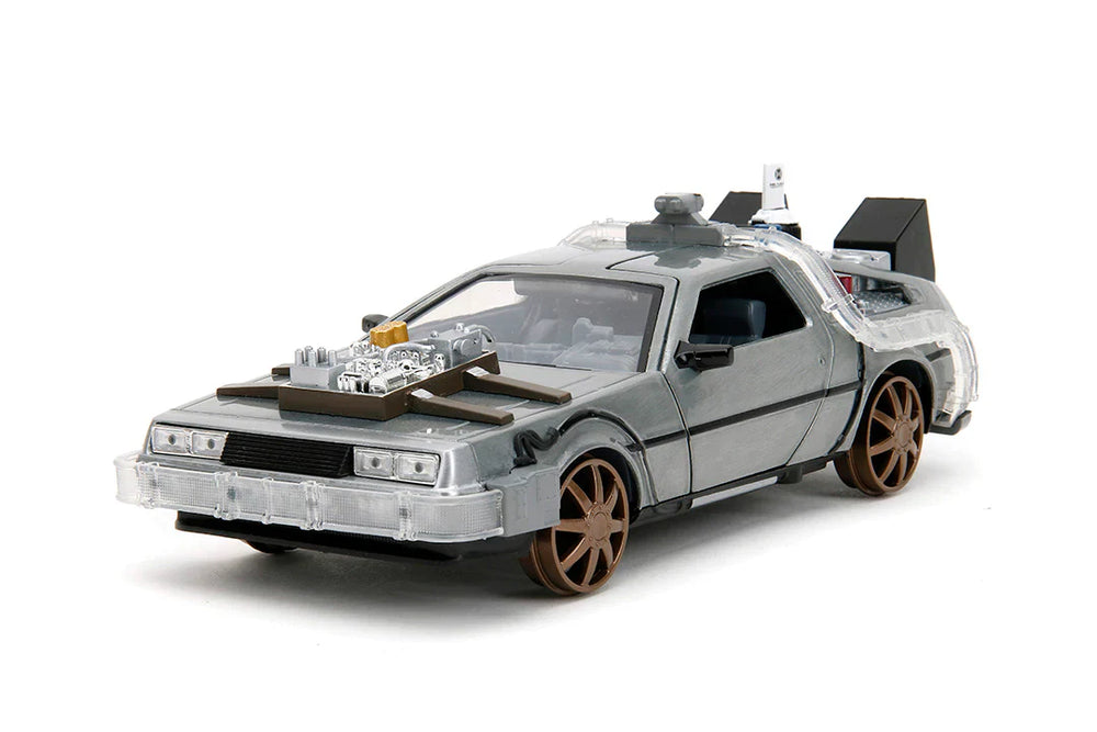 Back to the Future Part III (rail version) die-cast 1:24 scale "Hollywood Rides" light-up DeLorean Time Machine (ONLINE ORDER ONLY)