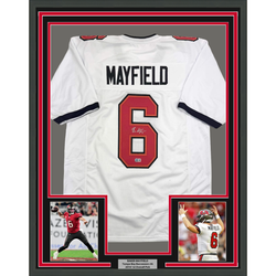 Framed Autographed/Signed Baker Mayfield 35x39 Tampa Bay White Football Jersey Beckett BAS COA
