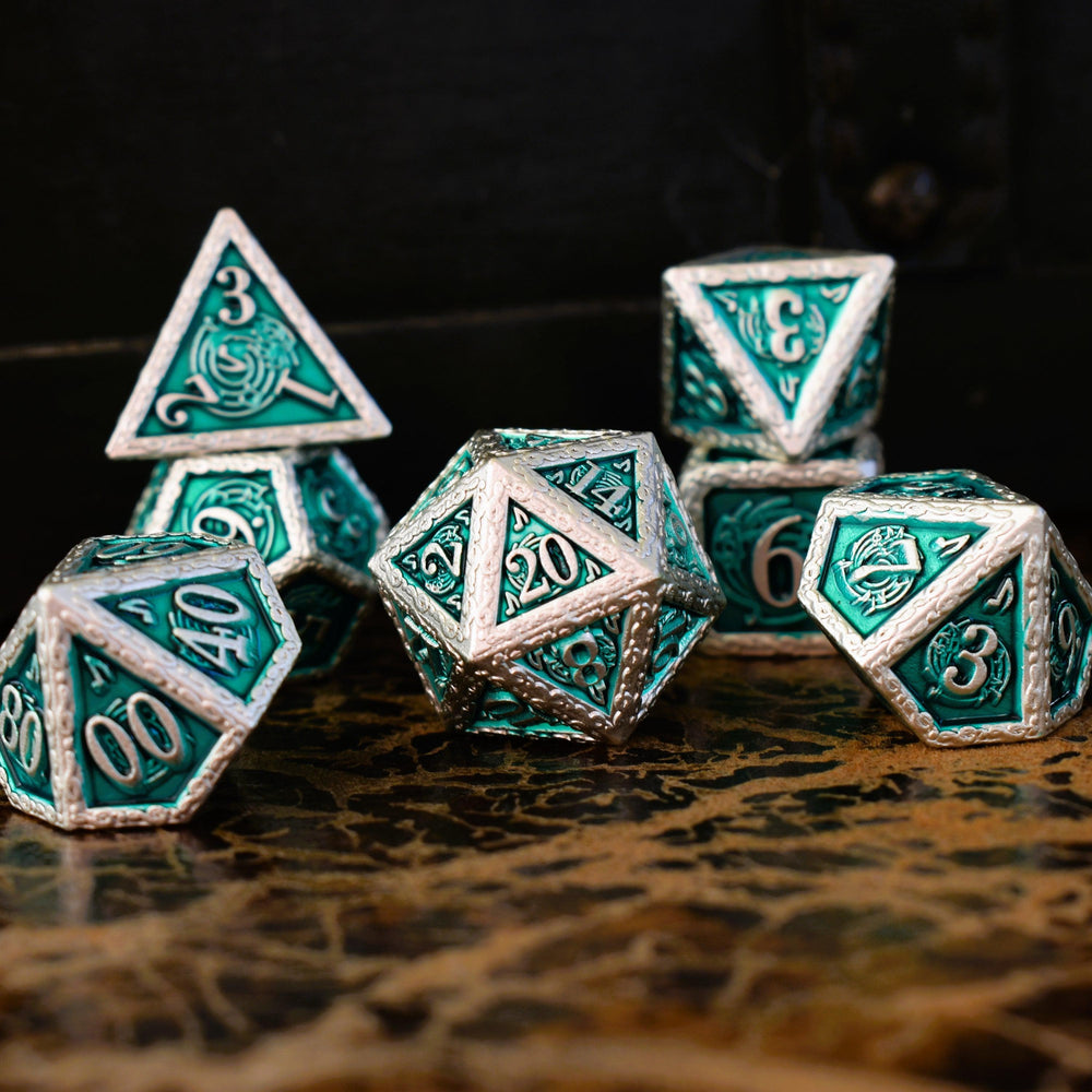 PRE-ORDER || Ballad of the Bard Green and Silver Metal Dice Set