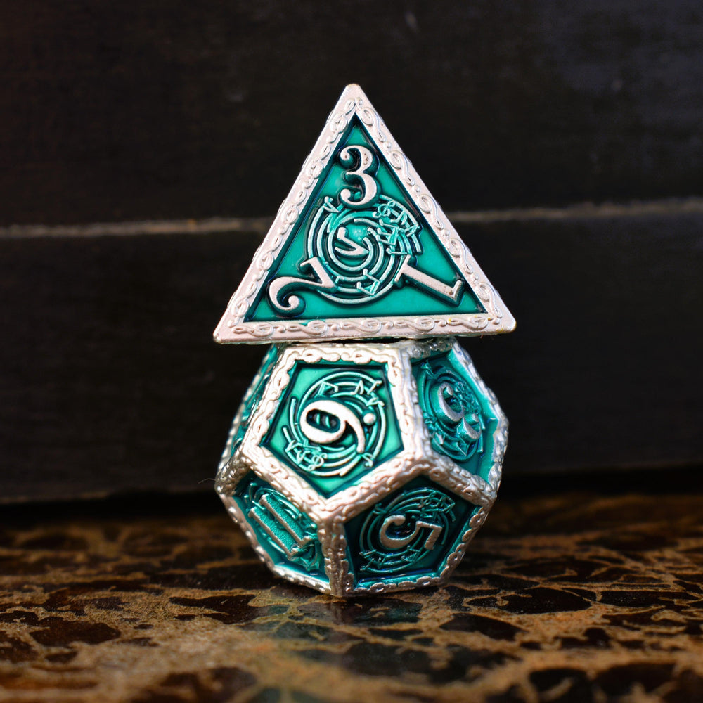 PRE-ORDER || Ballad of the Bard Green and Silver Metal Dice Set