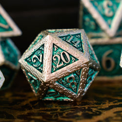 PRE-ORDER || Ballad of the Bard Green and Silver Metal Dice Set
