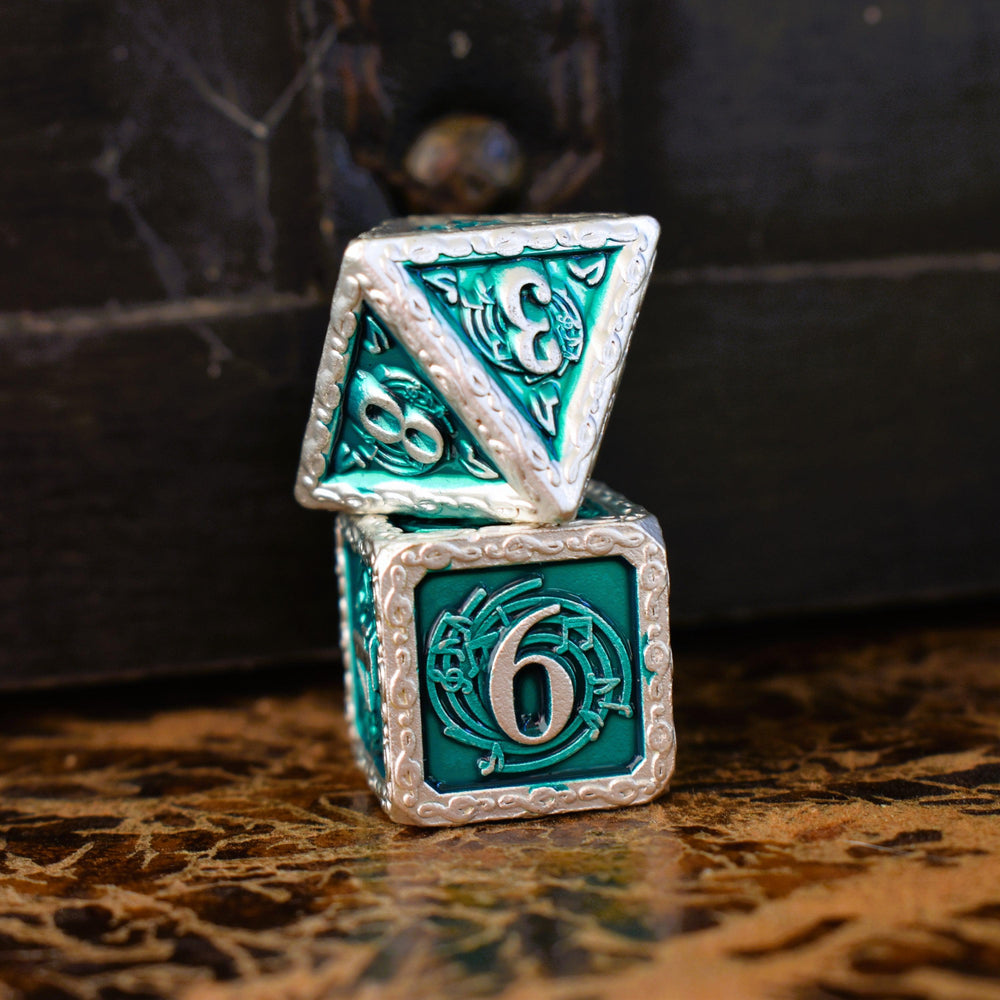 PRE-ORDER || Ballad of the Bard Green and Silver Metal Dice Set