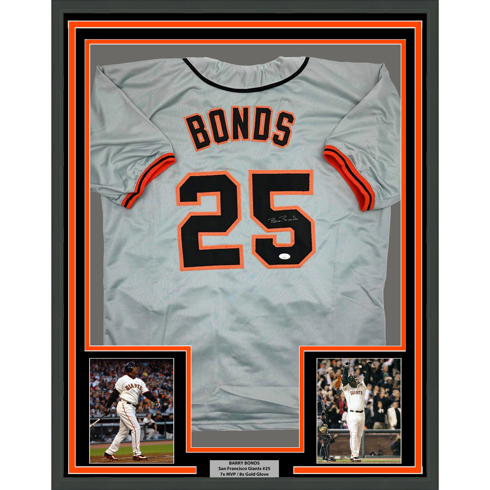 Framed Autographed/Signed Barry Bonds 35x39 San Francisco Grey Baseball Jersey JSA COA (ONLINE ORDER ONLY)
