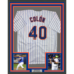 Framed Autographed/Signed Bartolo Colon 35x39 Inscribed Big Sexy New York Pinstripe Baseball Jersey Beckett BAS COA