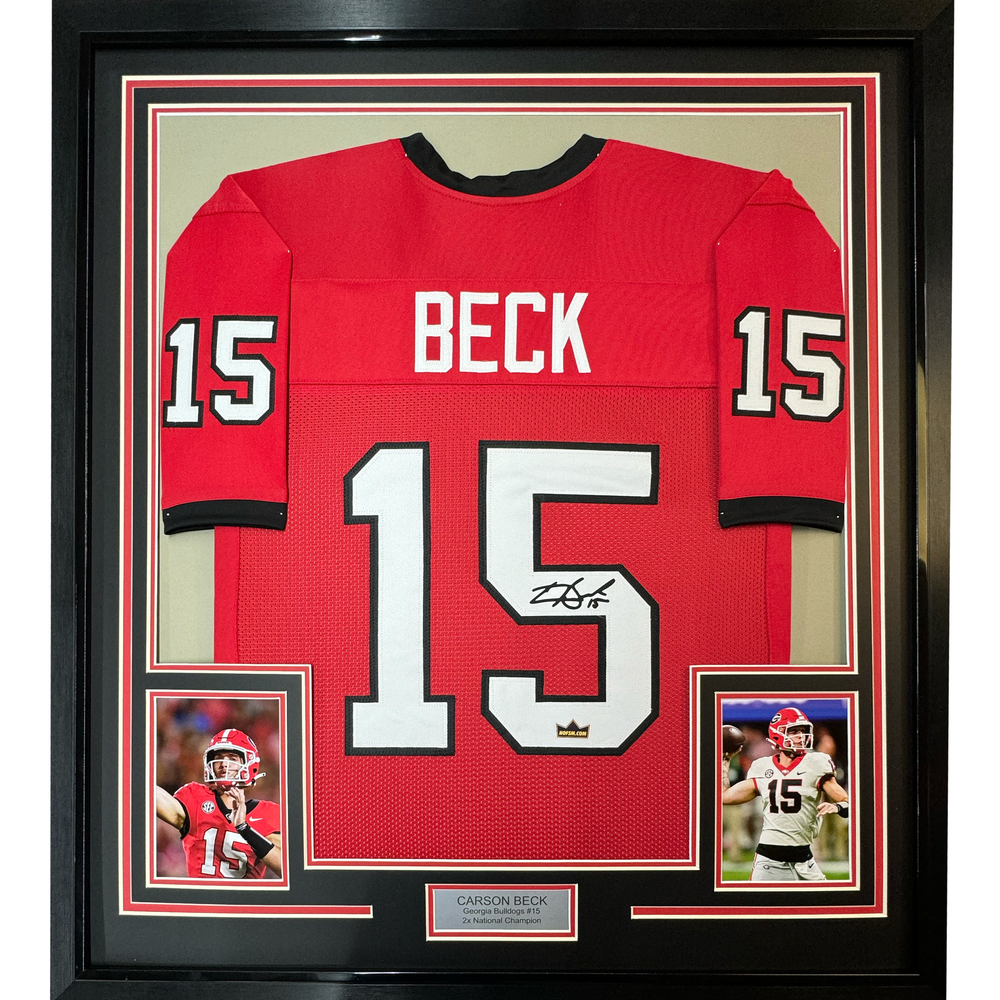 Framed Facsimile Autographed Carson Beck 35x39 Georgia Red Reprint Laser Auto College Football Jersey (ONLINE ORDER ONLY)