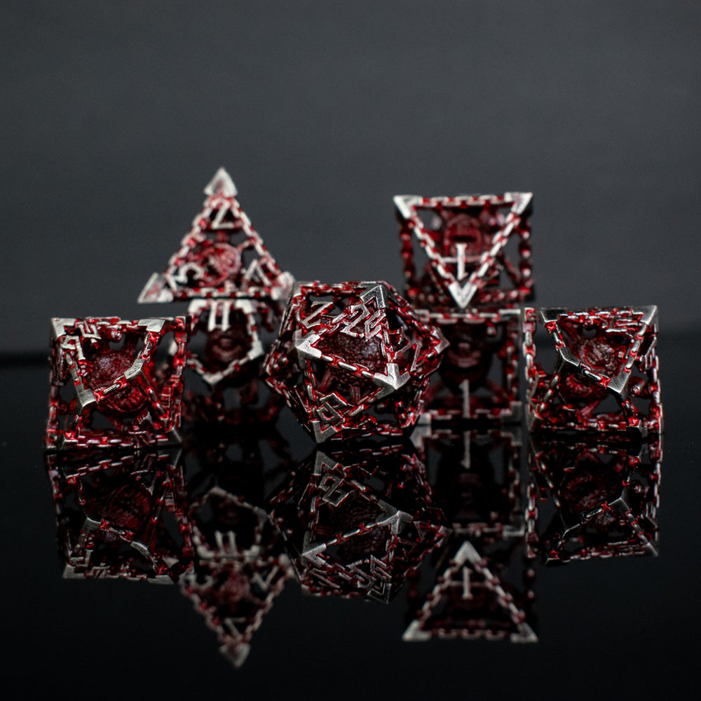Pre-Order|| Beholder's Gates Hollow Metal Dice Set - Bloodied Silver