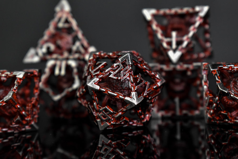 Pre-Order|| Beholder's Gates Hollow Metal Dice Set - Bloodied Silver