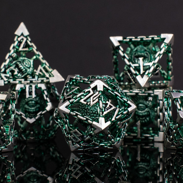 Pre-Order|| Beholder's Gates Hollow Metal Dice Set - Green and Silver