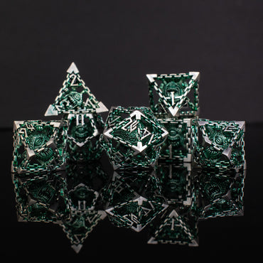 Pre-Order|| Beholder's Gates Hollow Metal Dice Set - Green and Silver