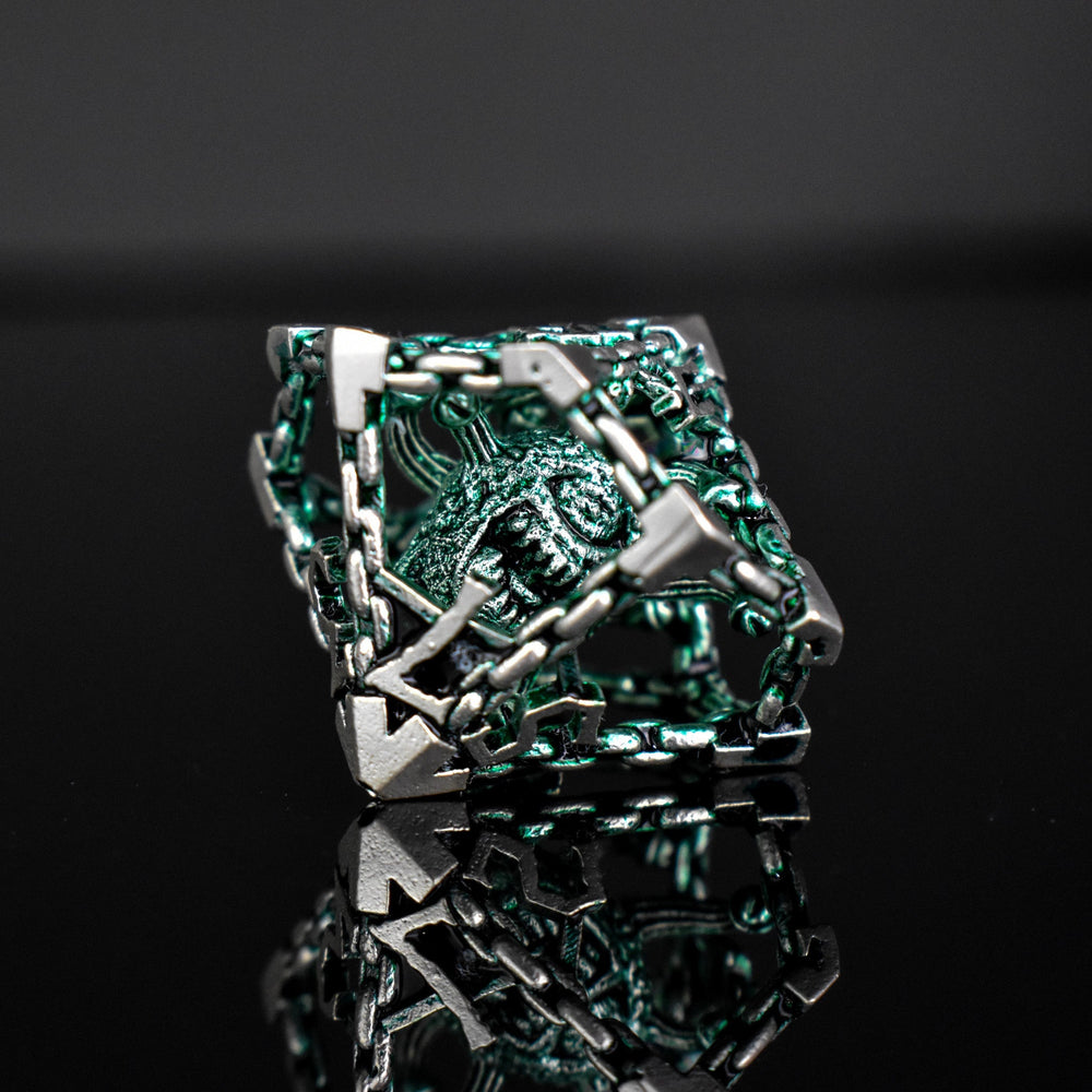 Pre-Order|| Beholder's Gates Hollow Metal Dice Set - Green and Silver
