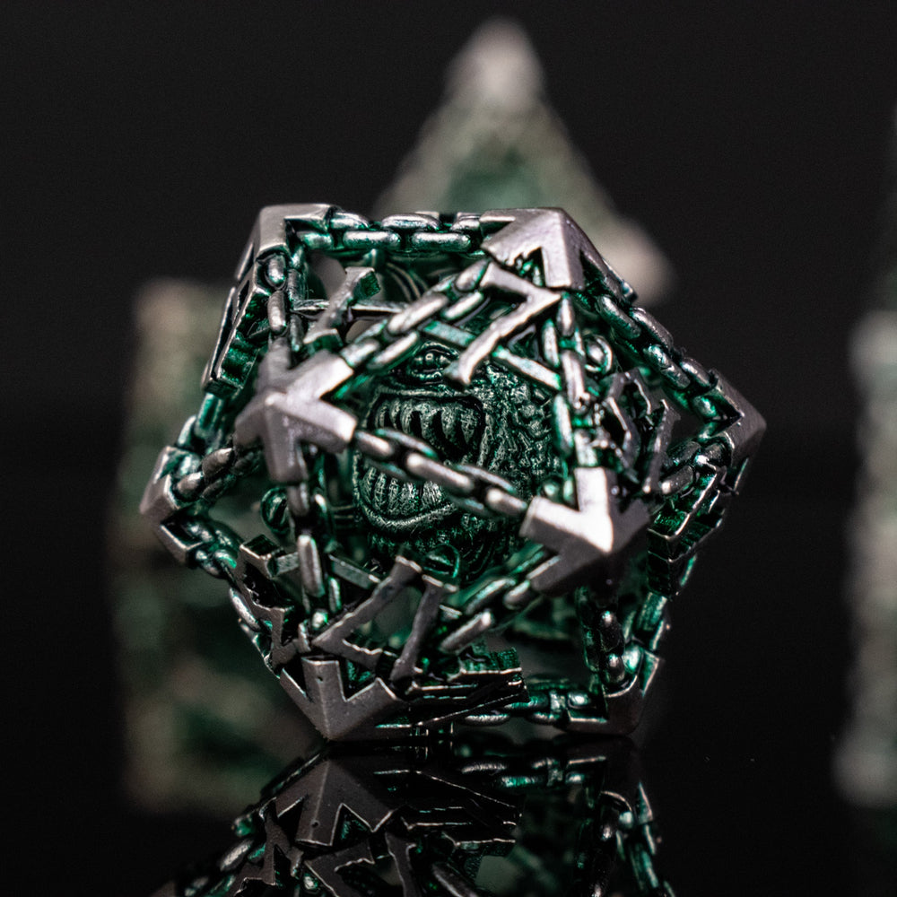 Pre-Order|| Beholder's Gates Hollow Metal Dice Set - Green and Silver