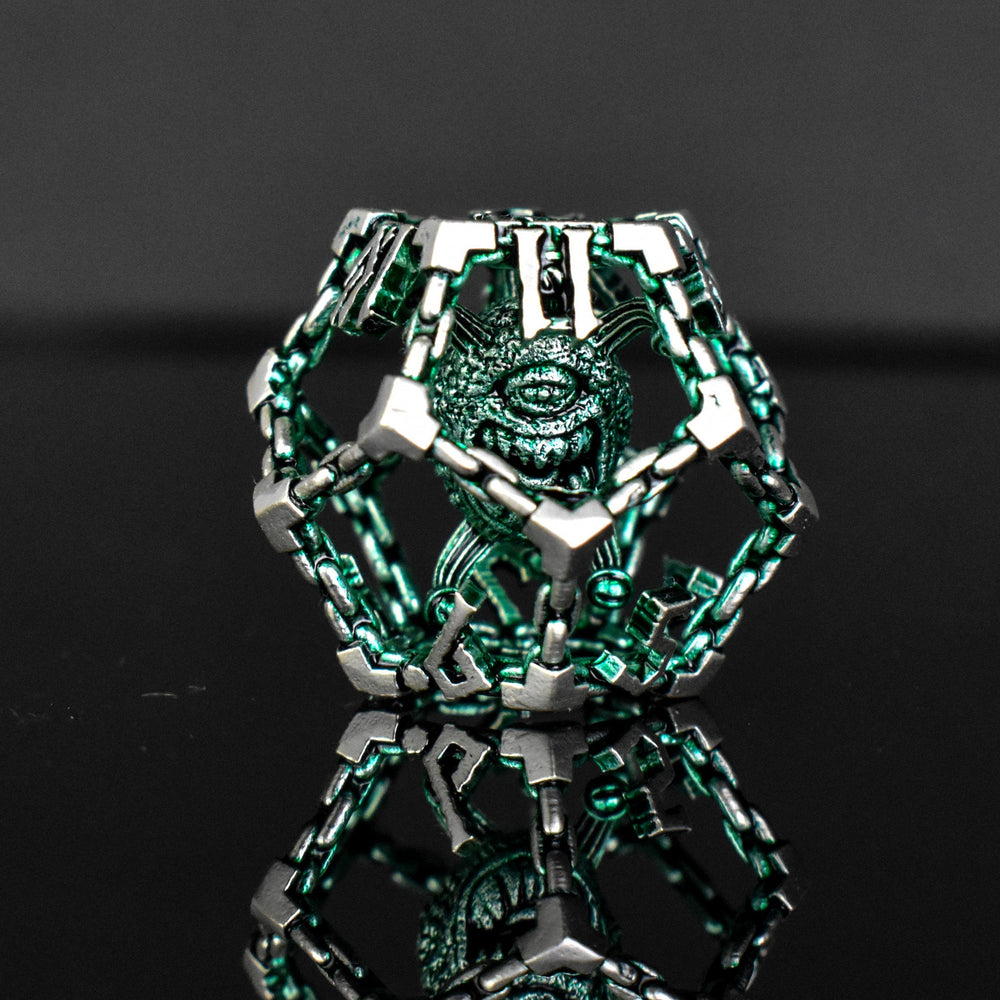 Pre-Order|| Beholder's Gates Hollow Metal Dice Set - Green and Silver