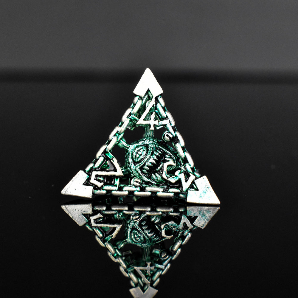 Pre-Order|| Beholder's Gates Hollow Metal Dice Set - Green and Silver