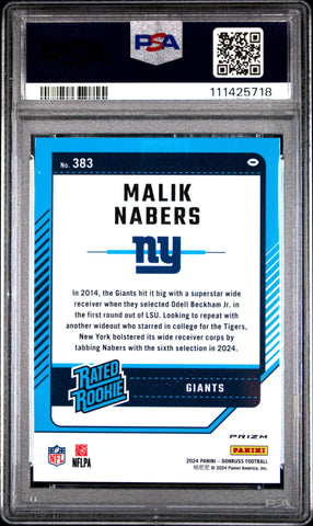 Graded 2024 Panini Donruss Malik Nabers #383 Optic Preview Pink Rookie RC Football Card PSA 10 Gem Mint (ONLINE ORDER ONLY)