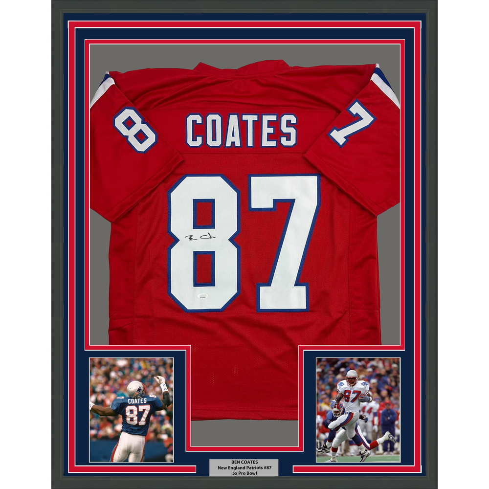 Framed Autographed/Signed Ben Coates 35x39 New England Red Football Jersey JSA COA