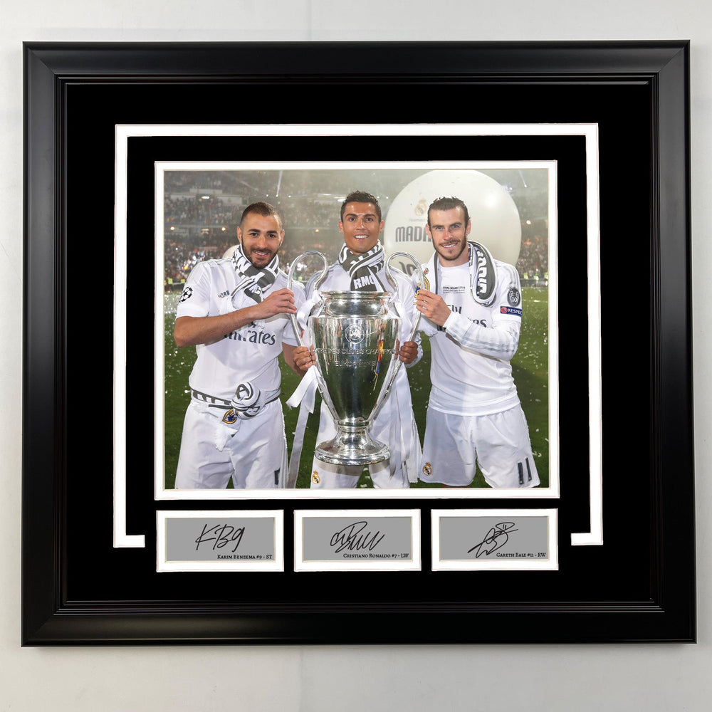 Framed Karim Benzema, Cristiano Ronaldo and Gareth Bale Facsimile Laser Engraved Signatures Real Madrid 19x21 Soccer Photo (ONLINE ORDER ONLY)