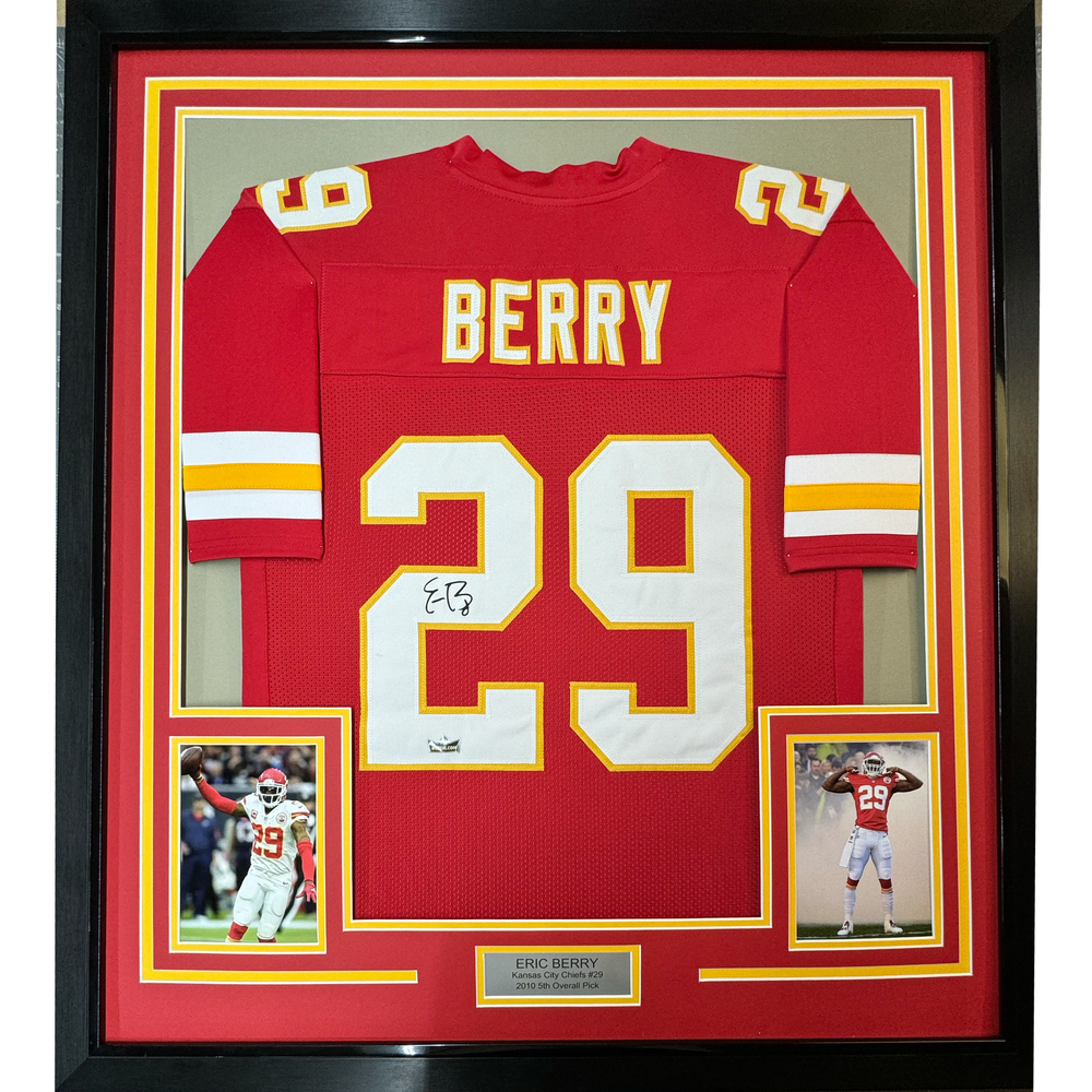 Framed Facsimile Autographed Eric Berry 35x39 Kansas City Red Reprint Laser Auto Football Jersey (ONLINE ORDER ONLY)