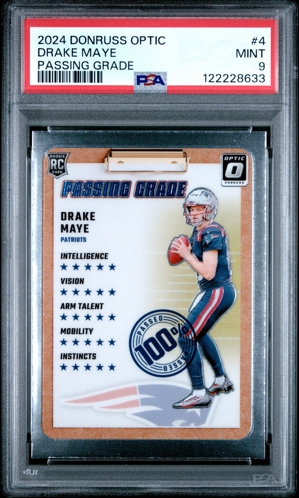 Graded 2024 Panini Donruss Optic Drake Maye #4 Passing Grade Rookie RC Football Card PSA 9 Mint (ONLINE ORDER ONLY)