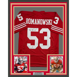 Framed Autographed/Signed Bill Romanowski 35x39 San Francisco Red Football Jersey Beckett BAS COA