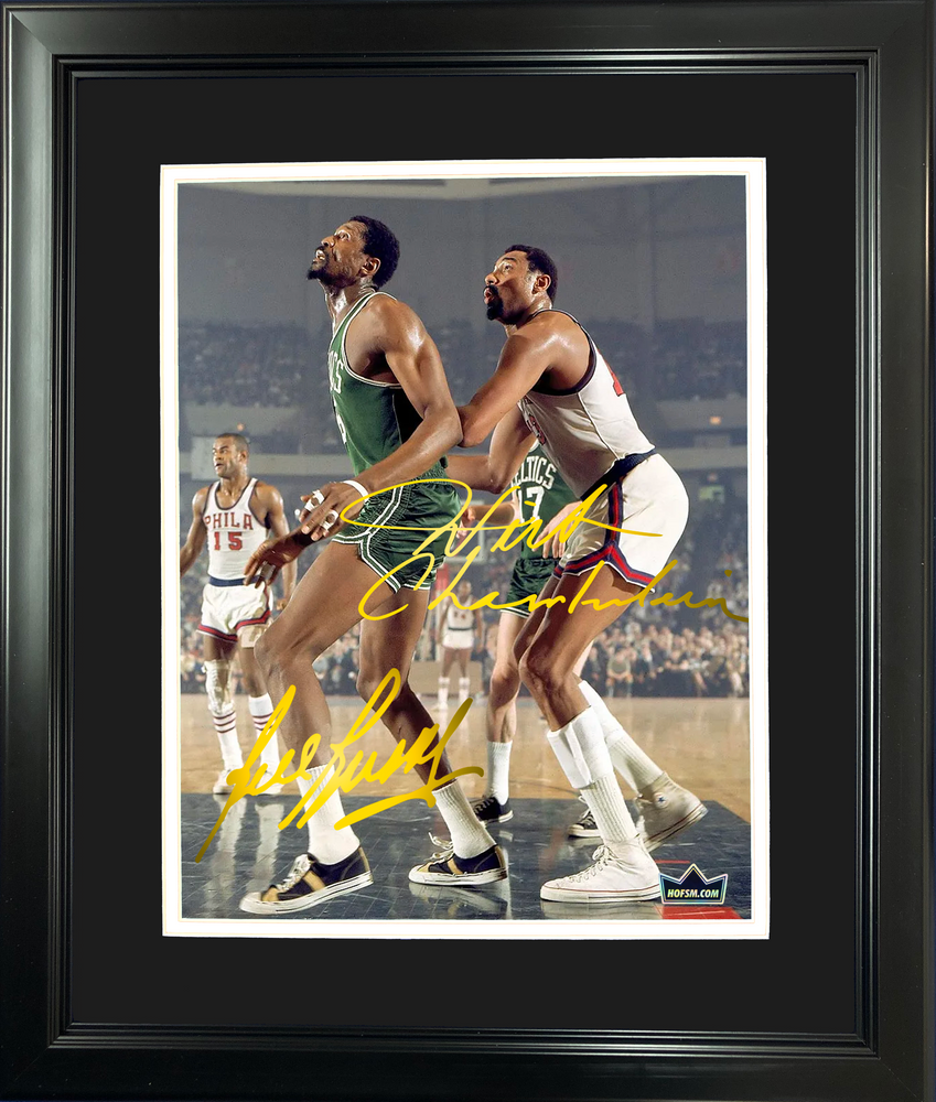 Framed Bill Russell Wilt Chamberlain Dual Facsimile Laser Engraved Signature Auto 11"x14" Basketball Photo HOFSM Holo (ONLINE ORDER ONLY)
